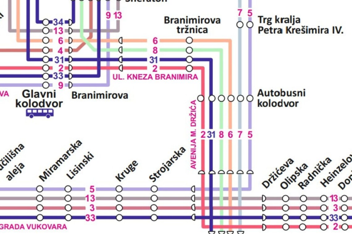 Prikaz javnog prijevoza u Zagrebu s naglaskom na tramvajsku liniju i autobusne stanice